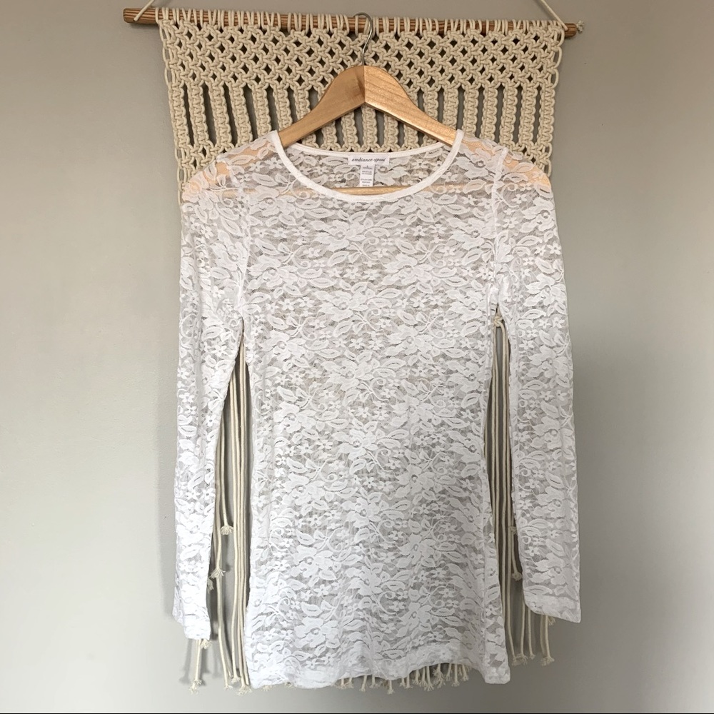 Ambiance White Floral Lace Mesh Sheer Shirt